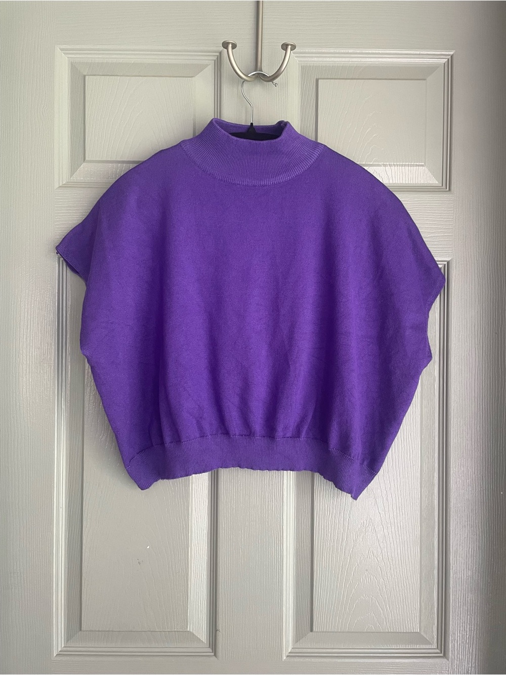 Knit Mix Bold Purple Mock Neck Short Sleeve Sweater Fall Size M